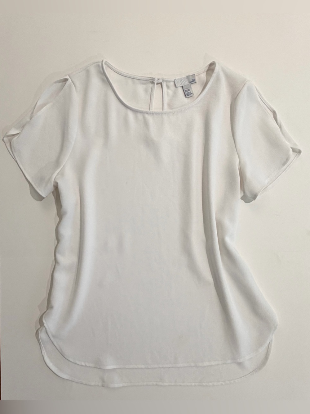 White Crepe Blouse Keyhole Cutout Shoulder Top Size Large